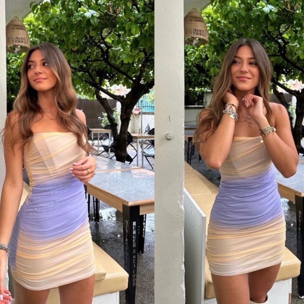 ZARA Strapless Tulle Dress Ombre Mesh Strapless Mini XL Purple Ruched Bodycon - Picture 6 of 10